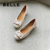 上班穿不累脚单鞋 百丽女鞋 B5M1DCQ4 法式 粗高跟鞋 真皮妈妈鞋 新款