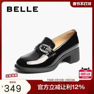 百丽女鞋气质饰扣乐福鞋女秋季新款粗跟增高通勤乐福鞋B2689CM5
