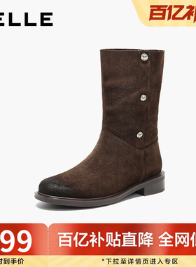 百丽女鞋荒野来信加绒西部牛仔靴女冬季新款长筒雪地靴子3QF66DS5