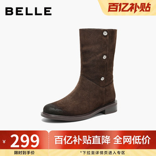 百丽女鞋荒野来信加绒西部牛仔靴女冬季新款长筒雪地靴子3QF66DS5