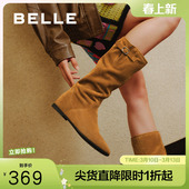 百丽女靴子复古西部靴堆堆靴加绒保暖冬季 内增高筒靴E5Y1DDG5 新款