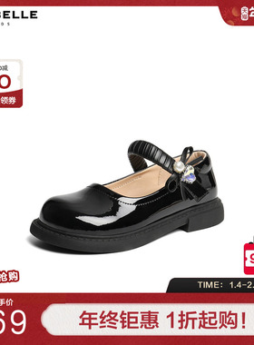 百丽儿童公主小皮鞋蝴蝶结玛丽珍鞋单鞋子新款黑色皮鞋V6101A86