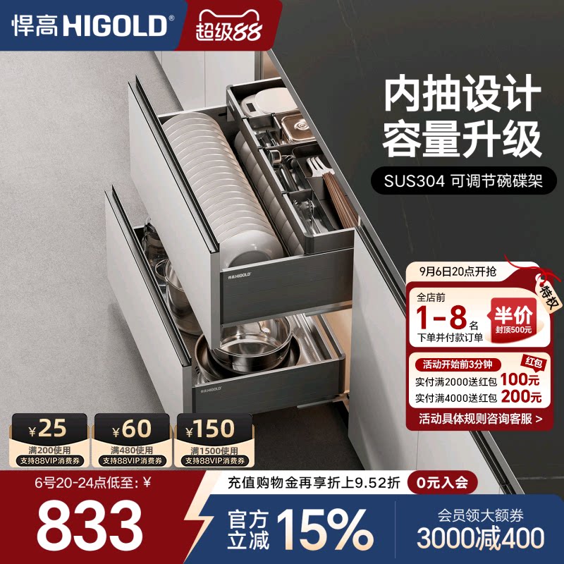 悍高橱柜拉篮铝合金双层抽屉式碗篮304不锈钢收纳碗碟篮厨房拉篮图片
