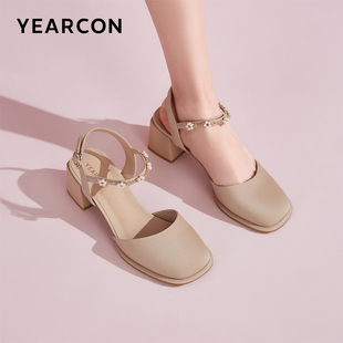 意尔康官方旗舰店女鞋中后空凉鞋通勤方头粗跟日常通勤