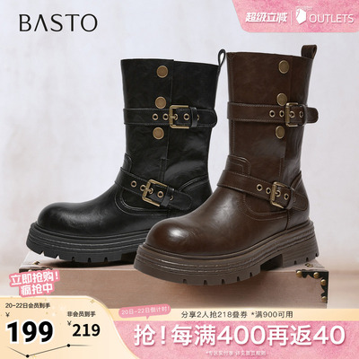 百思图秋冬季新款西部靴时尚复古潮流骑士女中靴BP928DZ5