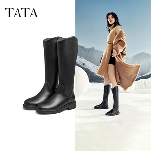 他她V口长筒靴女加绒高筒靴骑士靴黑色长靴Tata奥莱G5JA1DG4
