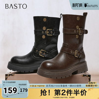 百思图秋冬季新款西部靴时尚复古潮流骑士女中靴BP928DZ5