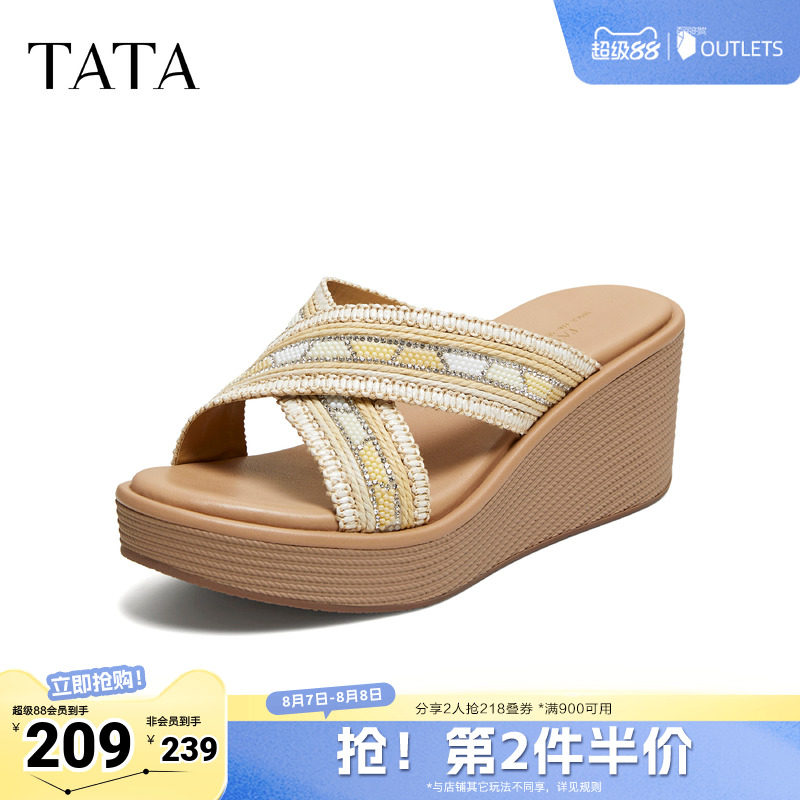 TATA他她一字拖夏季新款女鞋百搭厚底外穿休闲沙滩凉拖鞋Y4E03BT6