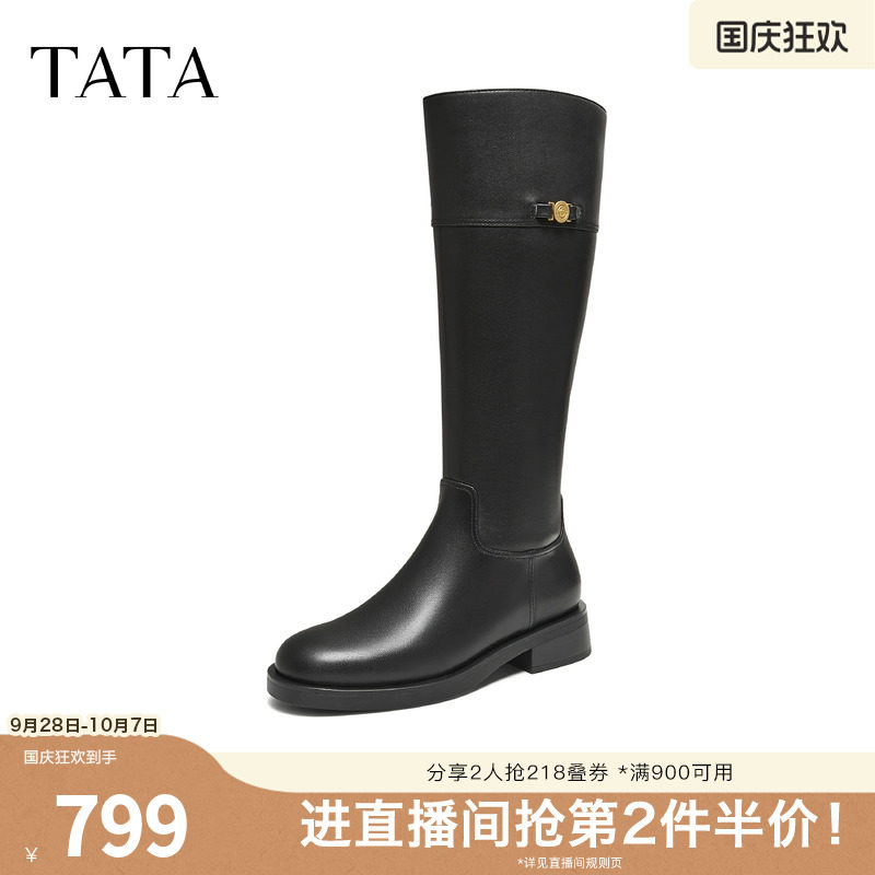 TATA他她靴子女牛皮黑色长筒靴时装靴高筒骑士靴长靴7TGC1DG5奥莱