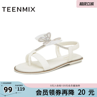 新款 KX023BL4 女外穿休闲凉鞋 天美意仙女闪钻蝴蝶平底凉鞋