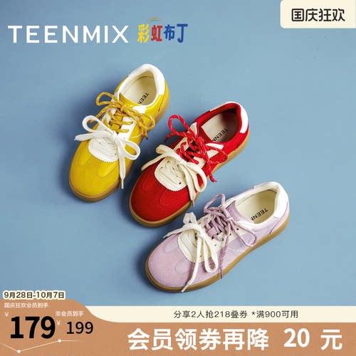 天美意秋新款系带双鞋带厚底拼色百搭复古女德训鞋KG119CM5
