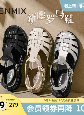 天美意复古包头罗马凉鞋猪笼鞋女平底休闲凉鞋夏季新款COY32BH4