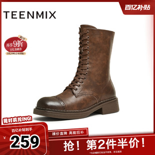 天美意复古西部靴马丁骑士靴女鞋 KQZ02DZ4 厚底短靴皮靴冬新款
