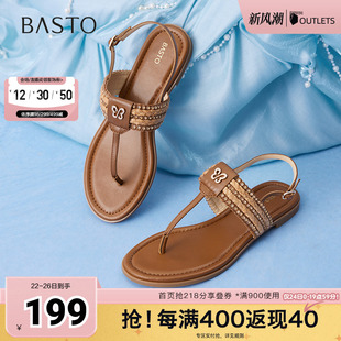 复古户外休闲一字带夹趾女凉鞋 时尚 C2107BL5 新款 百思图2025夏季