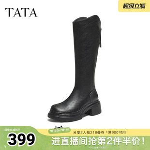 TATA他她长靴春黑色靴子女骑士靴厚底显瘦增高长筒靴CF401DG5奥莱