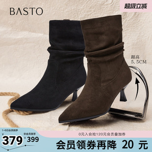 堆堆靴时尚 复古细跟尖头女中靴K5056DZ5 新款 百思图秋冬季