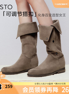 百思图冬季新款时尚简约街头弹力靴高筒靴粗跟女长靴W2671DG4