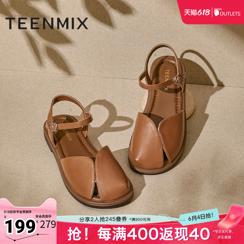 天美意平底后空包头凉鞋女外穿复古休闲凉鞋夏季新款KX008BL5