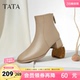 新款 靴羊皮休闲短靴子秋季 7AC56DD4 靴女鞋 TATA他她粗跟通勤时装