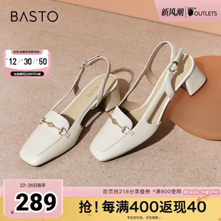 时髦金属扣方头粗跟女凉鞋 商场同款 RJF51BH4 新款 百思图春夏季