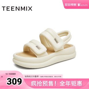 BJ481BL4 新款 天美意一字带休闲厚底凉鞋 女外穿运动沙滩凉鞋