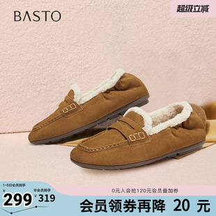 时尚 百思图秋冬季 新款 乐福鞋 UXE06DA5 复古休闲加绒保暖女单鞋