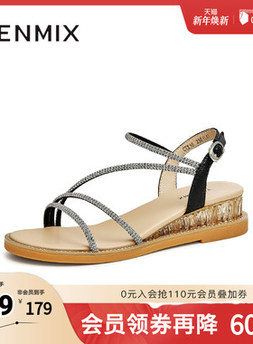 天美意闪钻条带坡跟凉鞋沙滩鞋女露趾时装凉鞋新CTI16BL3奥莱