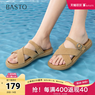 复古休闲拖平跟女拖鞋 简约时尚 BV086BT5 新款 百思图2025夏季