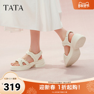 TATA他她厚底运动凉鞋女白色沙滩凉鞋松糕底凉鞋2025秋新CXY02BL5