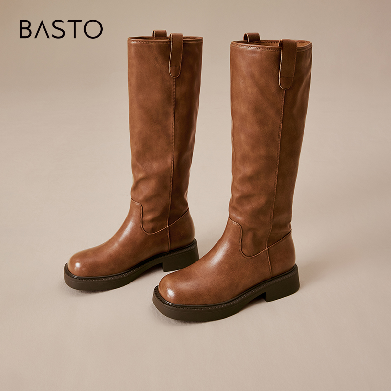 冬季粗跟骑士靴百思图简约