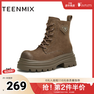 BK071DD4 靴休闲短靴冬新款 天美意复古厚底马丁靴女鞋 户外工装