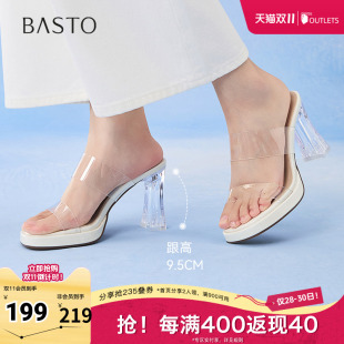 潮流通勤一字拖粗高跟女凉拖鞋 时尚 F3131BT5 新款 百思图2025夏季