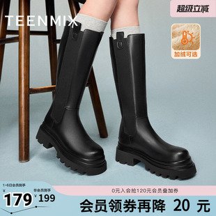 天美意复古厚底加绒长靴骑士靴女高筒时装 KQX11DG4 皮靴冬新款