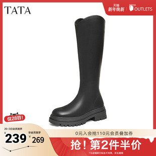 TATA他她厚底V口长筒靴女靴弹力瘦瘦靴骑士靴2025早秋新7D282DG4