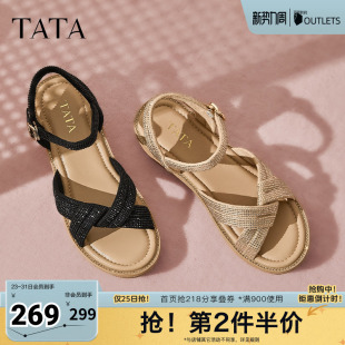 春新款 编织气质凉鞋 CXP01BL5奥莱 女鞋 TATA他她休闲度假风坡跟凉鞋