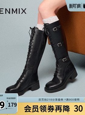 天美意复古西部靴骑士靴长靴女高筒时装靴皮靴冬新款BK251DG4