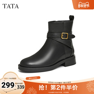 TATA他她超模靴休闲时装靴女靴黑色英伦气质短靴2025早秋7TG42DD4