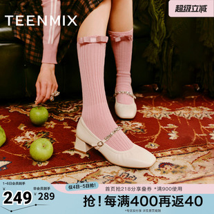 天美意复古银色玛丽珍皮鞋 子高跟浅口单鞋 春新款 KM061AA5 女鞋