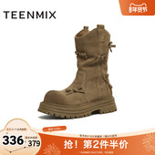 天美意2025冬新款 西部靴蝴蝶结堆堆靴厚底复古女骑士靴KXZ10DS5