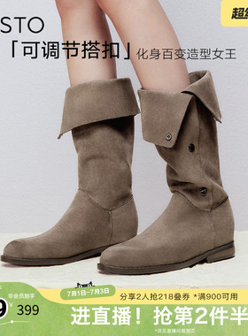 百思图冬季新款时尚简约街头弹力靴高筒靴粗跟女长靴W2671DG4