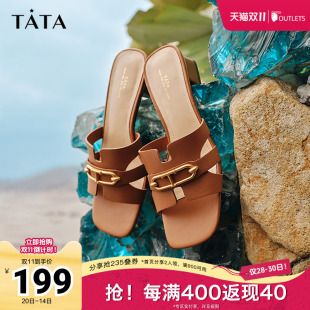 新款 2025秋季 7ZO03BT4 女奥莱通勤一字凉拖鞋 Tata他她粗跟外穿拖鞋