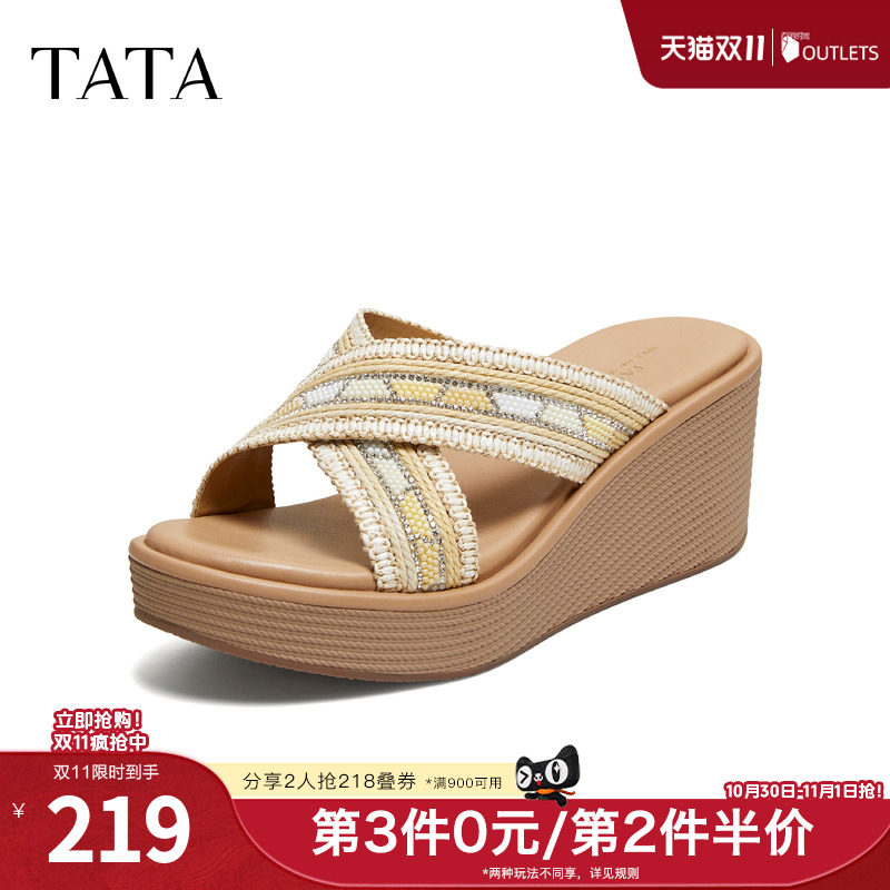 TATA他她一字拖夏季新款女鞋百搭厚底外穿休闲沙滩凉拖鞋Y4E03BT6