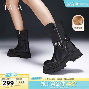 TATA他她复古加绒时装冬季短靴马丁靴机车西部靴女鞋奥莱CDM01DS4