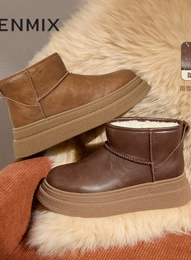 天美意复古厚底加绒保暖雪地靴棉鞋女休闲短靴冬新款KXD29DD4