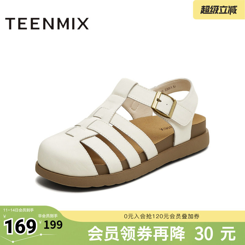 天美意2025秋新款纯色百搭法式复古潮流通勤女罗马凉鞋KL010CH5