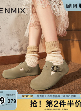 天美意复古厚底全包加绒勃肯休闲鞋毛毛鞋一脚蹬单鞋KK010CM4奥莱