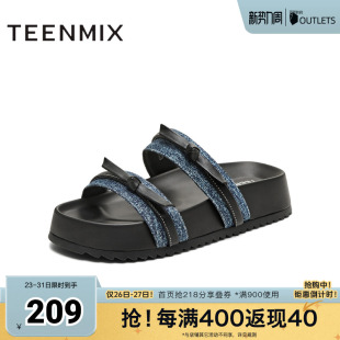 天美意新款 潮流休闲蝴蝶结横条复古风女一字拖KT063BH5