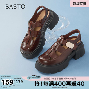 复古休闲百搭猪笼鞋 百思图夏季 新款 时尚 BP756BH5 粗跟后空女凉鞋