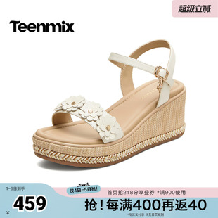 天美意2026夏新款 COO13BL6 坡跟花朵编织一字带日常休闲女凉鞋
