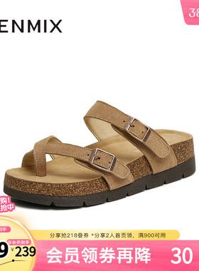 天美意新款软木套趾凉鞋平底复古休闲女勃肯鞋KK025BH5